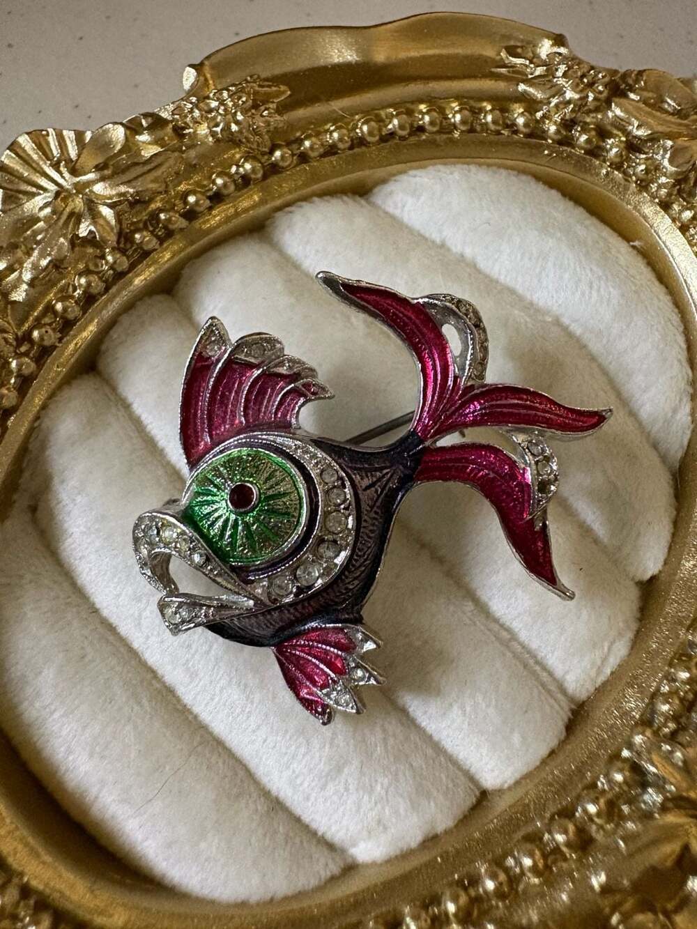 Czechoslovakia Enamel Fish Brooch with Green Eye and Rhinestones